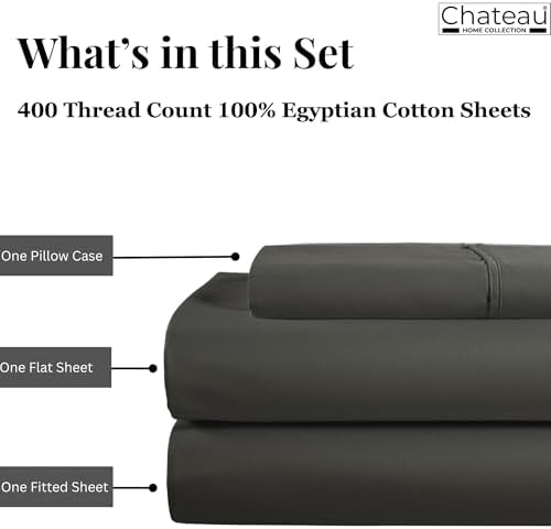 Twin XL Bed Sheets Set, 400 Thread Count Luxury Cotton Sheets -Charcoal