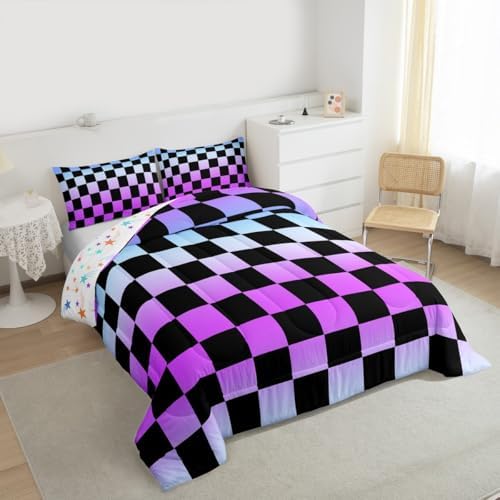 Feelyou Multicolored Checkered Retro Bedding Set for Boys Girls Geometric Vintage Comforter Set Queen Size Gradient Purple Duvet Quilt Modern Groovy Aesthetic Bedroom Decor 3 Pcs with 2 Pillow Cases