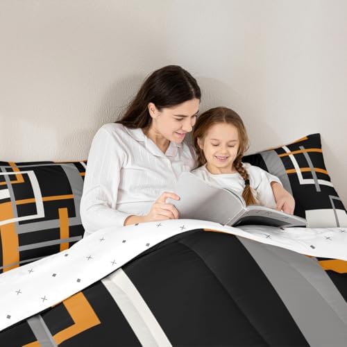 Orange Black Comforter Set for Teens Abstract Square Bedding Set Geometric Art Bedding Home Decor for Kids Comforter Twin Size White and Gray Quilted Duvet Set 1 Comforter with 1 Pillowcase