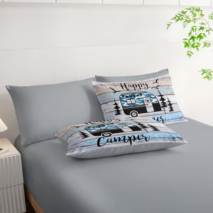 HOSIMA 7Pcs Happy Camping Queen Comforter with Sheet Set for Room Decor.