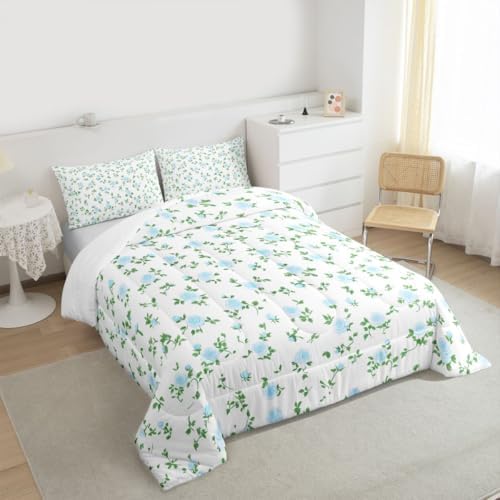 jejeloiu Blue Rose Flower Comforter Set All Season Cute Floral Bedding Set with 1 Pillow Cases Botanical Microfiber Kids Toddler Bedclothes Blossom Flowers Pattern Bedroom Decor Duvet Quilt Soft