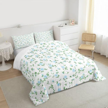 jejeloiu Blue Rose Flower Comforter Set All Season Cute Floral Bedding Set with 1 Pillow Cases Botanical Microfiber Kids Toddler Bedclothes Blossom Flowers Pattern Bedroom Decor Duvet Quilt Soft