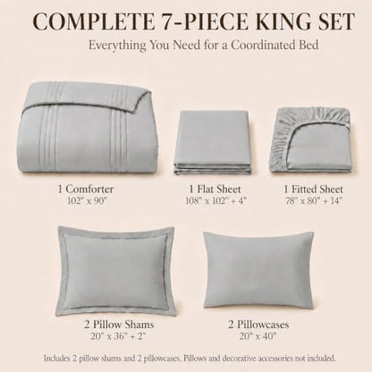 CozyLux King Size Comforter Set Light Grey- 7 Pieces Bed in a Bag