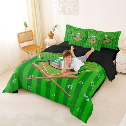 Erosebridal Boys Baseball Gaming Pattern Boys Kids Green 7 Piece Bedding Set Twin | Ball Games Sports Theme Comforter Set with Sheets Playground Bed in A Bag Stripes Geometric Bed Sets