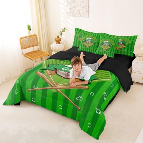 Erosebridal Boys Baseball Gaming Pattern Boys Kids Green Comforter Set Queen Size 7 Pieces | Ball Games Sports Theme Bed in A Bag Playground Bed Set Stripes Geometric Bedding