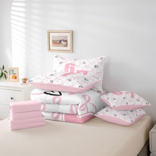Erosebridal 67 Funny Number Print Queen Comforter Set with Sheets for Kids Girls Cute Pink Bow Bedding Set 7 Piece Six Seven Bowknot Bed in A Bag Dreamy Princess Sheet with Comforter