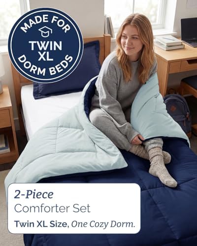 Twin XL Comforter Set - Navy Blue/Sky Blue All Season Bedding - 2 Piece Set