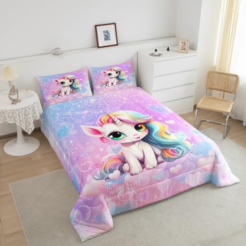 Manfei Cute Unicorn Comforter Set King Size, Pink Blue Glitter Princess Bedding Set 3pcs, Girls Woman Bedroom Decor, Cartoon Kawaii Down Comforter for Kids, Girly Dreamy Duvet Insert, 2 Pillowcases