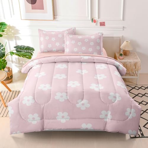 Pink Twin Bedding Sets for Girls Cute Floral Comforter Set with Sheets, 5 Pieces Kids Girl Bed in a Bag Room Decor, White Pink, Twin Size
