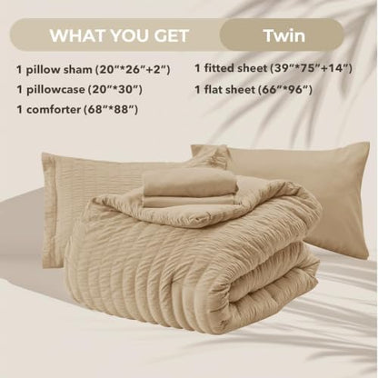 HYMOKEGE Khaki Twin Comforter Set Seersucker 5 Pieces, All Season Luxury Bed in a Bag for Bedroom, Bedding Set with Comforter, Sheets, Pillowcase & Sham