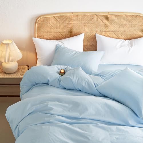 Wake In Cloud - Cotton Duvet Cover Set, 100% Washed Cotton, Linen Like Textured, Breathable Durable Comfy Farmhouse Neutral Bedding Set, 3 Pieces, Sky Blue, Twin/Twin XL Size