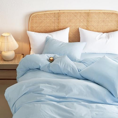 Wake In Cloud - Cotton Duvet Cover Set, 100% Washed Cotton, Linen Like Textured, Breathable Durable Comfy Farmhouse Neutral Bedding Set, 3 Pieces, Sky Blue, Twin/Twin XL Size