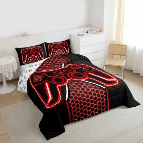 Feelyou Red and Black Bedding Set King Size Gamer Comforter Set for Kids Game Controller Comforter Teens Honeycomb Duvet Set