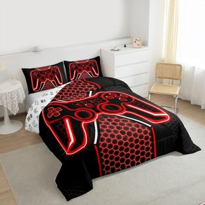 Feelyou Red and Black Bedding Set King Size Gamer Comforter Set for Kids Game Controller Comforter Teens Honeycomb Duvet Set