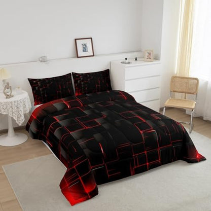 Manfei Geometric Grid Comforter Set Queen Size, Red and Black Checkered Bedding Quilt Set, Men Women Bedroom Decor, Modern Abstract Check Plaid Square Down Comforter for All Season, 2 Pillowcases