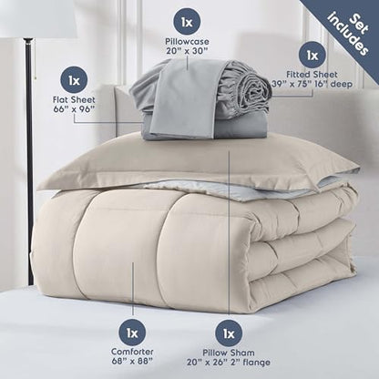 Nestl 7 Piece Twin Comforter Set – Beige Reversible Bed in a Bag – Complete Twin Size Bedding Set with Sheets, Set of 2 Cooling Pillows, Pillowcase and Sham