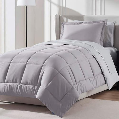 Nestl 7 Piece Twin XL Comforter Set – Grey Lavender Reversible Bed in a Bag – Complete Twin XL Size Bedding Set with Sheets, Set of 2 Down Alternative Pillows, Pillowcase and Sham