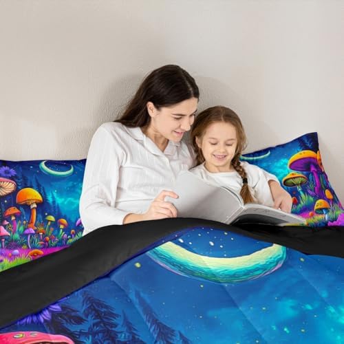 Mushroom Comforter Set King Size,Star Moonlight Galaxy Magical Kids Bedding Set,Mysterious Plant Quilt Comforter,Colorful Duvet Insert,2 Pillowcases