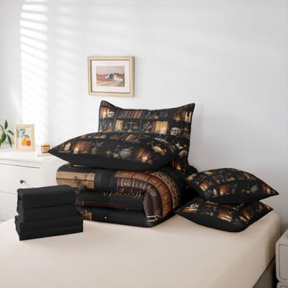 Erosebridal Gothic Library Book 7 Piece Bedding Set Queen Retro Bookshelf Skull Comforter Set with Sheets Floral Candles Bed in a Bag Vintage Books Bed Sets Comforter
