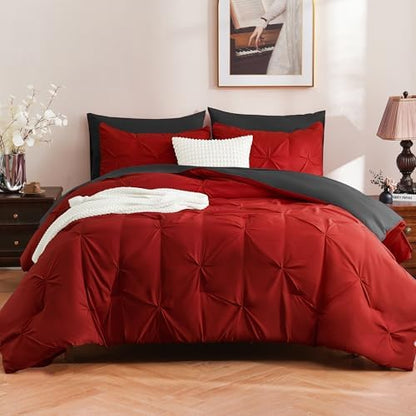 DOWNCOOL Queen Comforter Set, 7 Pieces Red and Black Bed in a Bag
