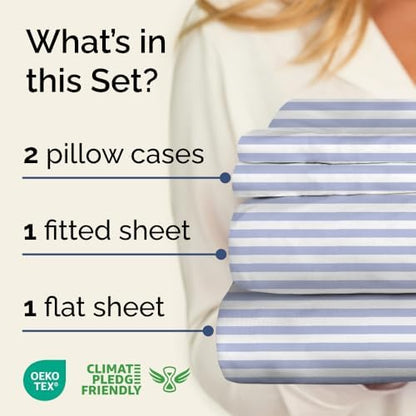 Full 4 Piece Striped Sheet Set - Soft, Breathable & Cooling - Blue Sky