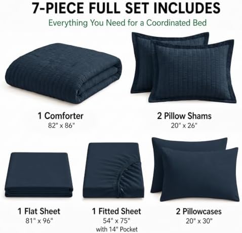 HIMEET Full Comforter Sets, 7-Piece Seersucker Bed in a Bag, Navy Blue