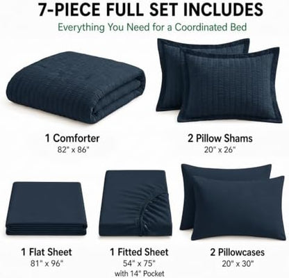 HIMEET Full Comforter Sets, 7-Piece Seersucker Bed in a Bag, Navy Blue
