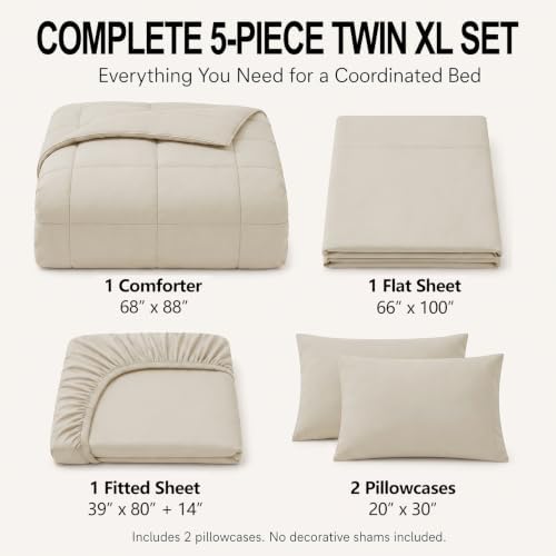 CozyLux Twin XL Comforter Set Beige - 5 Pieces Twin XL Bed in a Bag