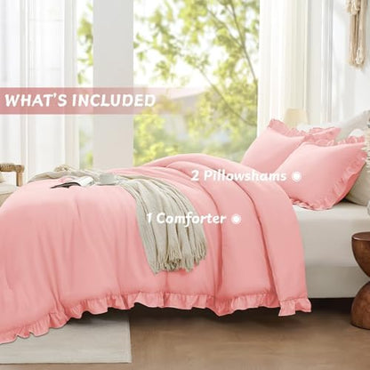 FUANNA Pink King Size Comforter Set, Ruffle Bedding Set, 3 Pieces Bed Set