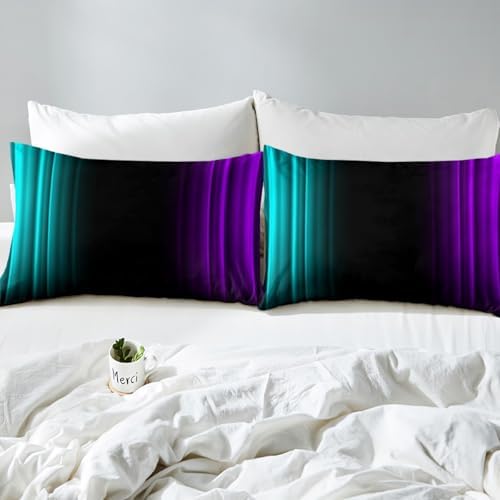 Feelyou Teens Abstract Ombre Decorations Bedding Set for Kids Women Teal Purple and Black Bed Sheets Set Geometric Modern Fitted Sheet Sets Room 4Pcs King Size