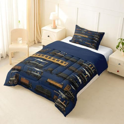 Erosebridal Navy Steam Train Toddler Bedding Set Travel Locomotive Train Comforter Set for Kids Boys Girls Vintage Transport Vehicle Down Comforter Steampunk Railway Quilt Duvet