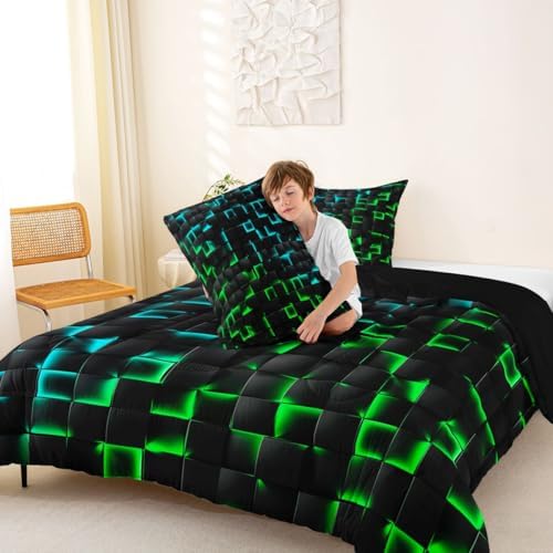 Erosebridal Geometric Checkered Boys Bedding Set King Size Neon Teal Green Comforter Set for Kids Teen Men Gamer Room Decor,Abstract Ombre Plaid Comforter Grids Quilt Duvet Black