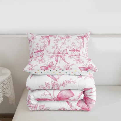 jejeloiu Bowknot Kids Comforter Set King Size Rose Bedding Set Pink Bow Duvet Quilt for Kids Boys Girls Bedroom Rose Floral Flower Decor Microfiber Ultra Soft Breathable