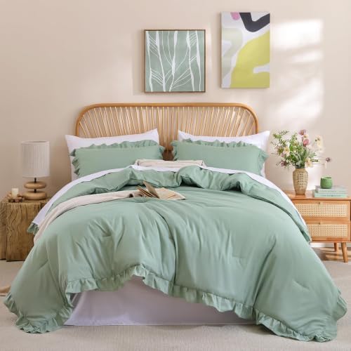 JANZAA Sage Green Comforter Set California King, Ruffle Soft Bedding
