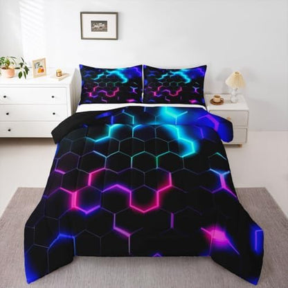 Castle Fairy Honeycomb Bedding Set King Size,Neon Purple Blue Hexagon Comforter Quilt Set 3pcs,Kids Boys Teen Man Bedroom Decor Fashion Gamer Quilted Duvet 2 Pillowcases,Black