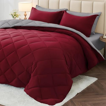 MUXHOMO 7 Pieces Oversized Queen Comforter Set, Reversible Bed in a Bag Oversized Queen Size, All Season Bedding Set with Comforter, Flat Sheet, Fitted Sheet, Pillowcases & Shams, Burgundy & Grey