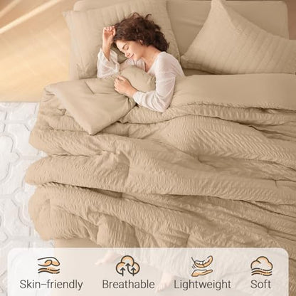 MUXHOMO 7 Pieces Oversized King Comforter Set, Seersucker Bed in a Bag Oversized King Size, All Season Luxury Bedding Set with Comforter, Flat Sheet, Fitted Sheet, Pillowcases & Shams, Khaki