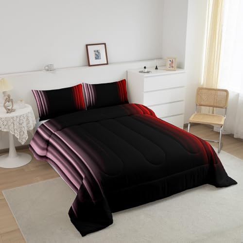 Feelyou Teens Abstract Ombre Decorations Bedding Set for Kids Women Pink Red and Black Comforter Set Geometric Modern Quilt Set Room 3Pcs King Size