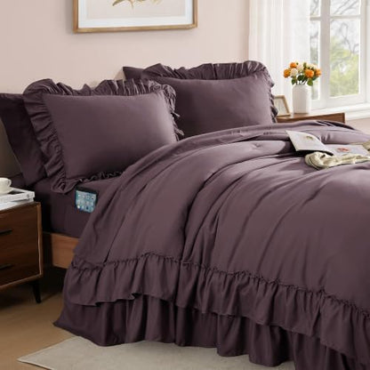 California King Comforter Set Dark Purple Ruffle 7 Pieces Bed in a Bag