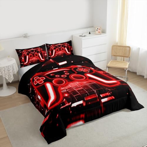 Erosebridal Gamer Comforter Set Gaming Girl Toddler Bedding Set, Neon Lights Game Boy Games Comforter Red Brick Cube Quilt,Gaming Room Decor