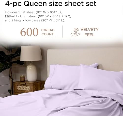 Threadmill 600 Thread Count Cotton Queen Sheet Set, Sateen, Lilac, 4-Piece