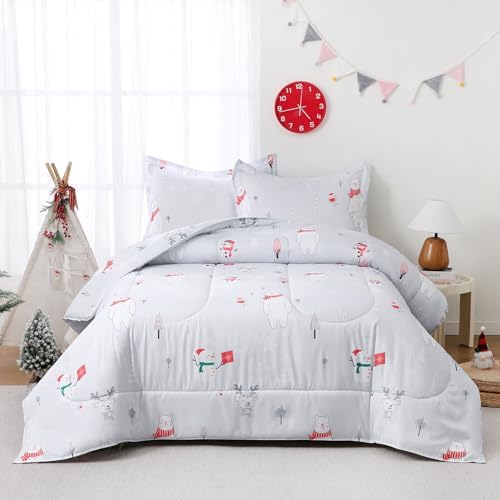 Yibeizi Christmas Comforter Set Twin for Boys Girls, Cute Bear Snowmen Printed Bedding Set with Pillow Sham, Lightweight Soft Breathable Washable Bed Set 2 Piece