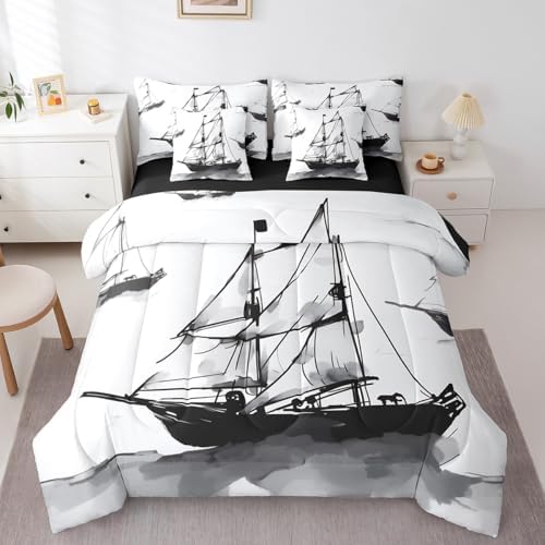 Erosebridal 7Pcs Sailboat Comforter Set Twin Size,Retro Ink Wash Painting Bedding Set,Navigation Ship Bed in A Bag,Nautical Ocean Sheet Set with Comforter