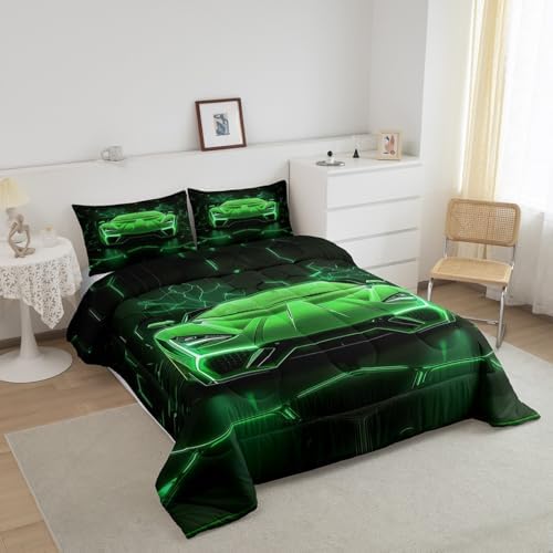 Feelyou Kids Race Car Bedding Set Twin Size,Green Neon Lights Extreme Sports Car Comforter Set,Boys Bedroom Room Decor,Geometric Hexagon Racing Car Comforter,Cool Car Bed Set for All Season