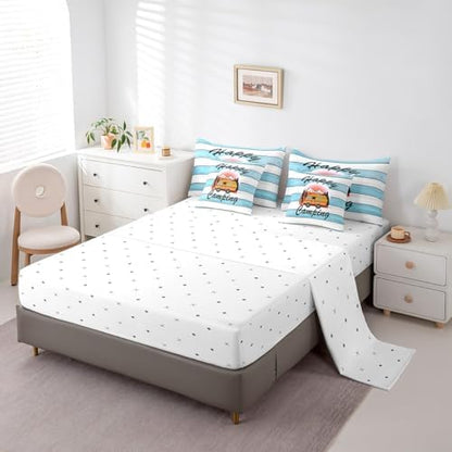 Erosebridal Happy Camping Comforter Set King Size,Cartoon RV Bedding Set for Kids Teens,Blue Wooden Plank (Comforter+Fitted+Flat Sheet+2 Pillowcases+2 Throw Pillow Covers) 7 Pieces Bed Set
