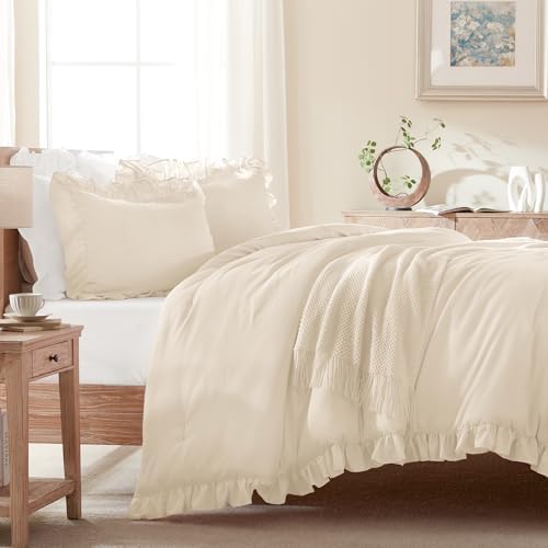 Andency Oversized King Ruffle Comforter Set, 3 Pcs Beige Fluffy Bedding Set