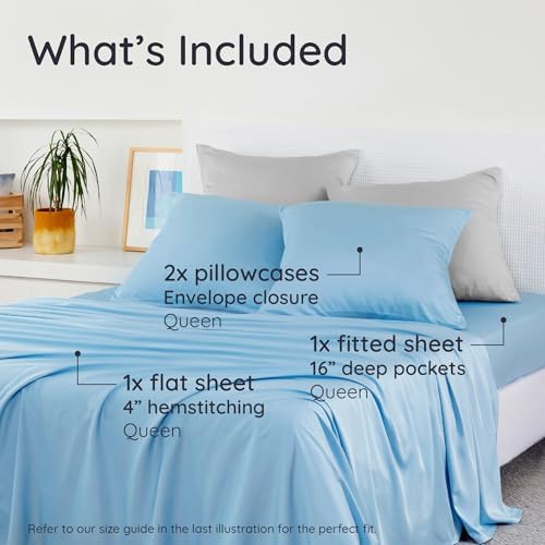 Bambaw Queen Sheet Set – 4pcs 100% Viscose Derived from Bamboo Sheets Queen Size Bed Set, Breathable Sheets Fits Up to 16'' Deep Pocket, Queen Cooling Sheets for Hot Sleepers (Dream Blue)