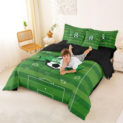 Erosebridal Soccer Green Gaming Boys Kids Football Court 7 Piece Bedding Set Twin | Hexagon Honeycomb Comforter Set with Sheets Striped Bed in A Bag Sports Theme Playground Bed Sets