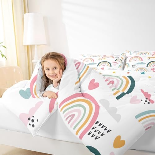 Rainbow Comforter Set Cartoon Rainbow Bedding Set King Size for Kids Girls Boys Nursery Toddler Hand Drawn Iridescent Print Down Comforter Colorful Clouds Love Heart Quilt Duvet Set 2 Pillow Cases