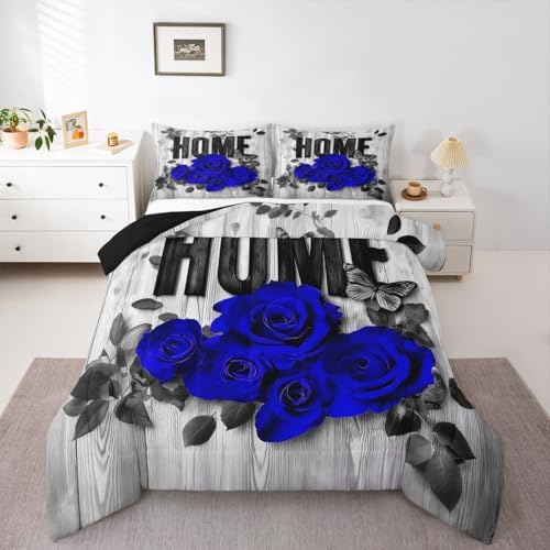 Castle Fairy Blue Rose Twin Size Comforter Set,Valentine's Day Romantic Duvet Set Soft Bed Collection,Retro Farmhouse Board Bedding Comforter for Boys Girls Bedroom,2 Pcs